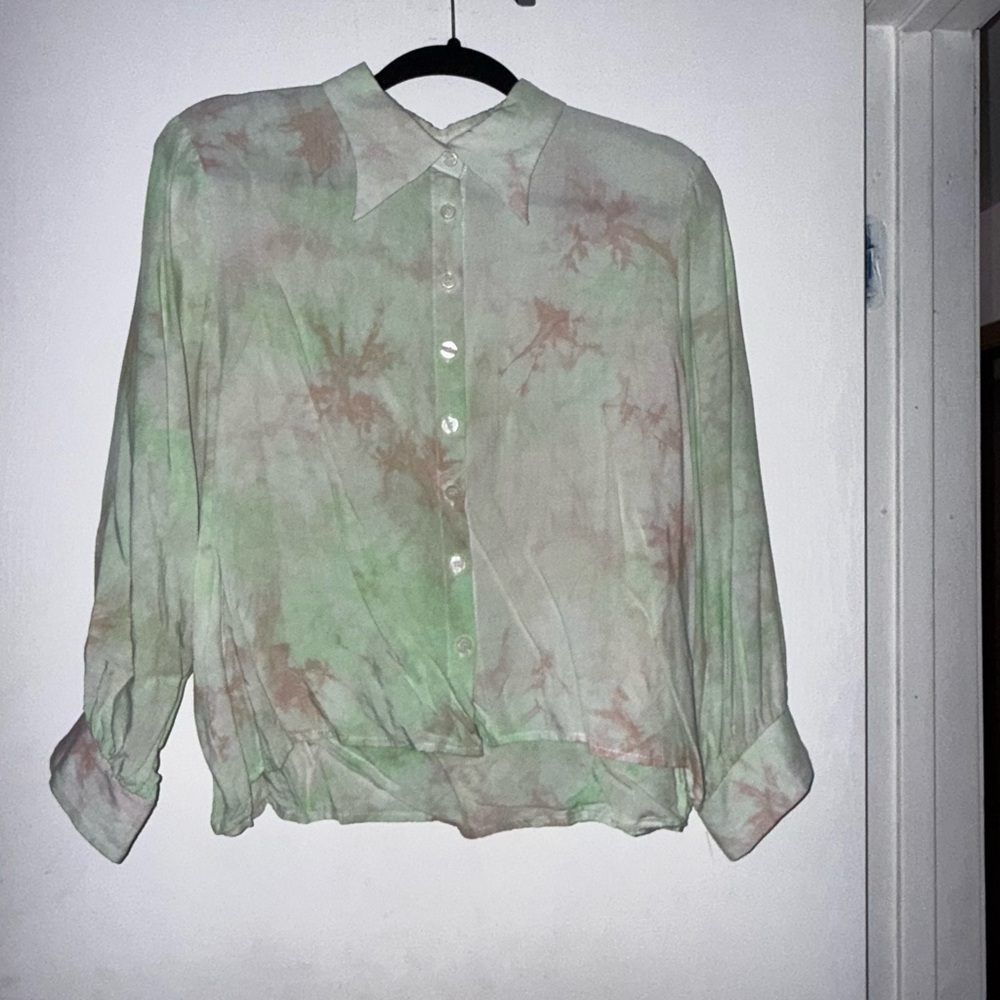 SHEIN Green and Pink Button Down Shirt
